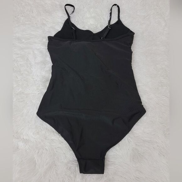 Belted Bathing Suit Solid Black V Neck One Piece Swimsuit Tummy Control Size S - Picture 2 of 7